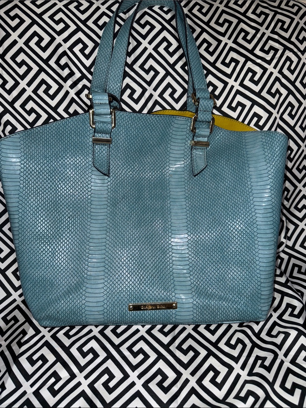 Gianni Bini Teal Textured Tote with Yellow Trim